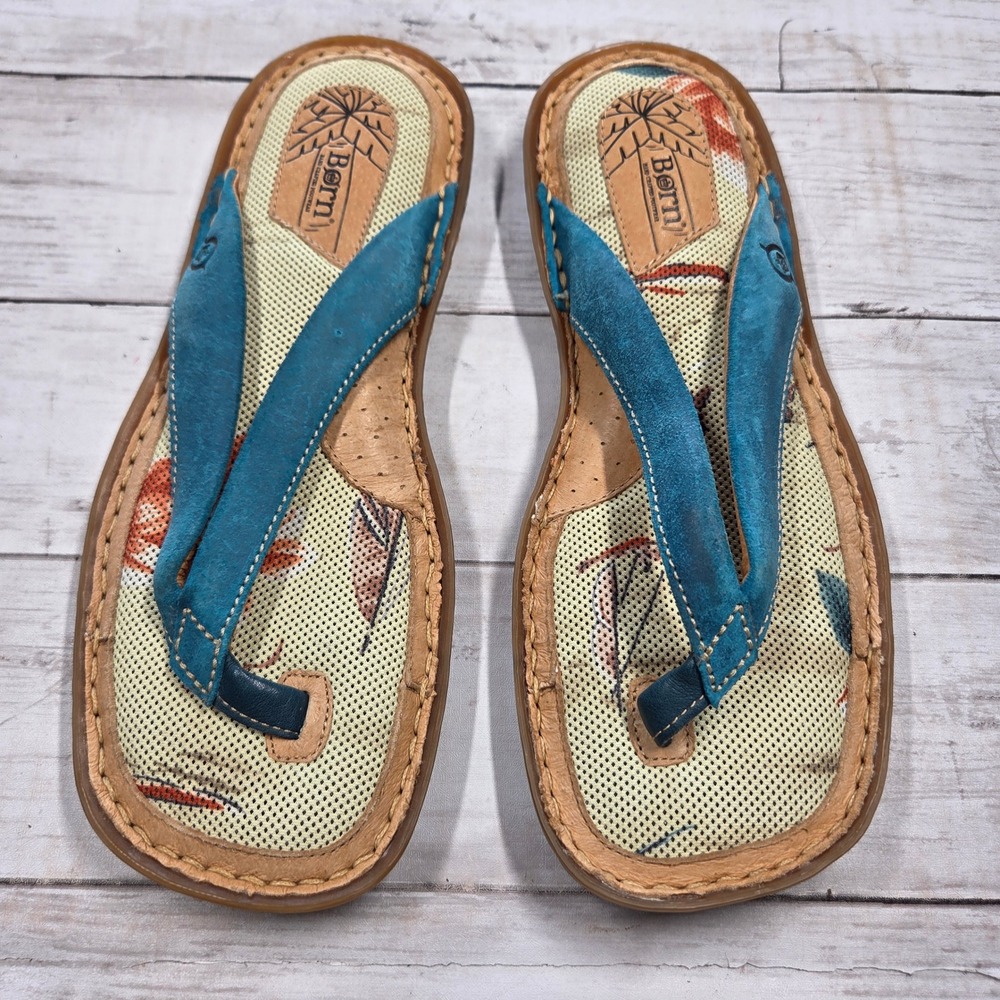 Born W4944 Thong Sandals Suede Leather Tropical Flip Flops Women 8 Blue Tan